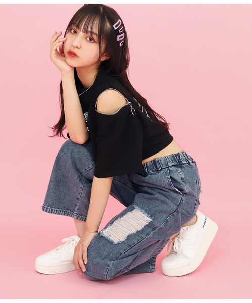 ANAP GiRL(アナップガール)の「クラッシュデニムイージーパンツ(デニムパンツ・キッズ・ライトブルー・S/XS/M)」の5枚目の写真