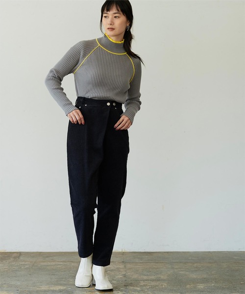 miette（ミエット）の「ハイネック配色ラインリブニット（ニット/セーター・レディース・ライトグレー/オレンジ/グリーン/ブルー・FREE）」の7枚目の写真