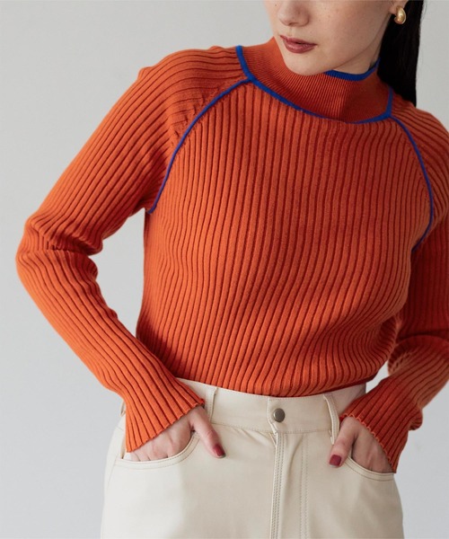 miette（ミエット）の「ハイネック配色ラインリブニット（ニット/セーター・レディース・ライトグレー/オレンジ/グリーン/ブルー・FREE）」の14枚目の写真