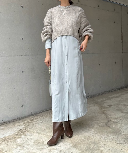 DouDou（ドゥドゥ）の「ショート丈ニット＋ワンピースセット（ワンピース・レディース・ブラウン/グレイッシュベージュ・FREE）」の3枚目の写真