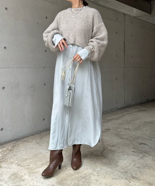 DouDou（ドゥドゥ）の「ショート丈ニット＋ワンピースセット（ワンピース・レディース・ブラウン/グレイッシュベージュ・FREE）」の4枚目の写真