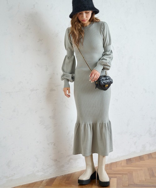 FREE'S MART（フリーズマート）の「パフスリーブマーメイドニットワンピース（ワンピース・レディース・ブラック/ブラウン/ライトグリーン・MEDIUM/SMALL）」の9枚目の写真