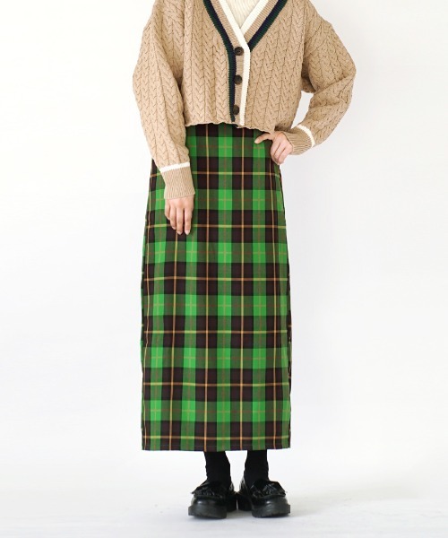 e-zakkamania stores（イーザッカマニアストアーズ）の「チェック柄 ハイウエスト Iラインスカート（スカート・レディース・ブラウン/グリーン・フリー）」の2枚目の写真
