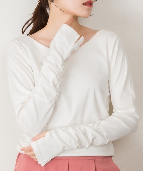 atONE(アットワン)の「atONE Vネック指空き長袖Tシャツ(Tシャツ/カットソー・レディース・パープル/チャコールグレー/グレイッシュブルー/ブラック/カーキ/グレイッシュベージュ/ネイビー/オフホワイト/杢グレー・M/L/3L/4L/LL)」の10枚目の写真