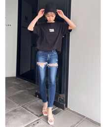 GYDA | M/Wサイハイ アシンメトリー ダメージスキニーデニムパンツ(デニムパンツ)