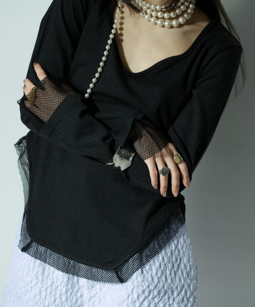 Ezick（エジック）の「Hemline cut メッシュリブトップス（Tシャツ/カットソー・レディース・ブラック/ホワイト・FREE）」の15枚目の写真