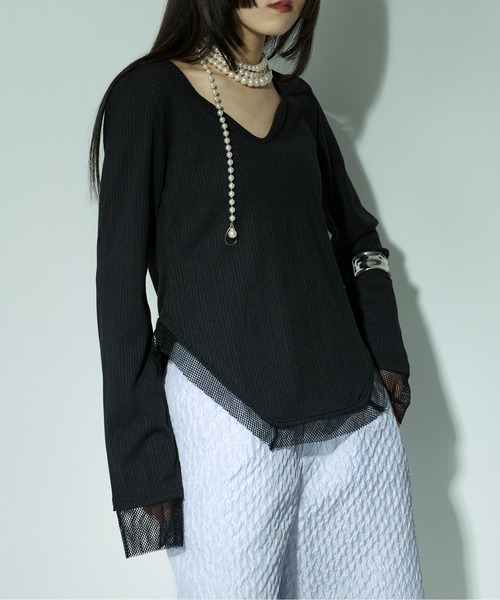 Ezick（エジック）の「Hemline cut メッシュリブトップス（Tシャツ/カットソー・レディース・ブラック/ホワイト・FREE）」の12枚目の写真