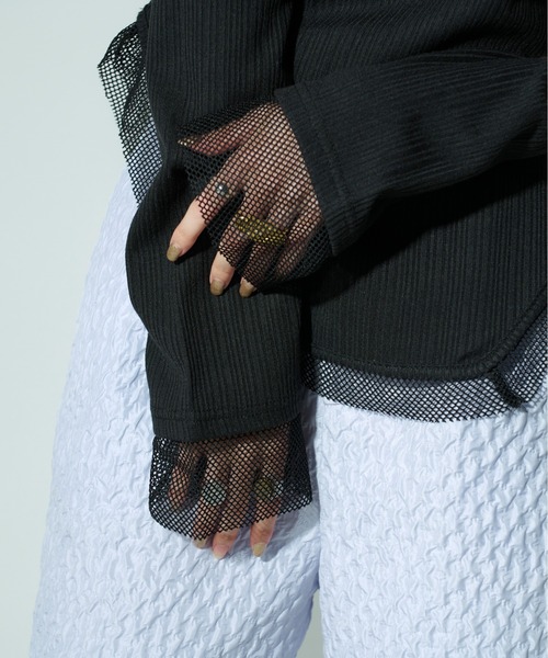 Ezick（エジック）の「Hemline cut メッシュリブトップス（Tシャツ/カットソー・レディース・ブラック/ホワイト・FREE）」の19枚目の写真