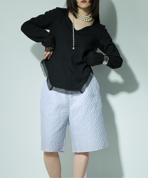 Ezick（エジック）の「Hemline cut メッシュリブトップス（Tシャツ/カットソー・レディース・ブラック/ホワイト・FREE）」の8枚目の写真