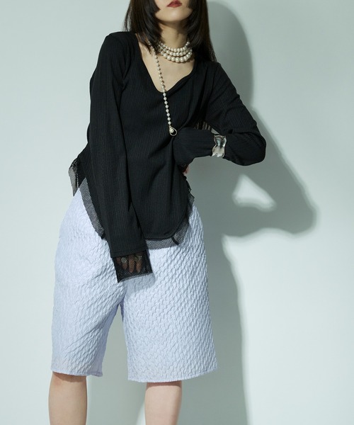 Ezick（エジック）の「Hemline cut メッシュリブトップス（Tシャツ/カットソー・レディース・ブラック/ホワイト・FREE）」の9枚目の写真