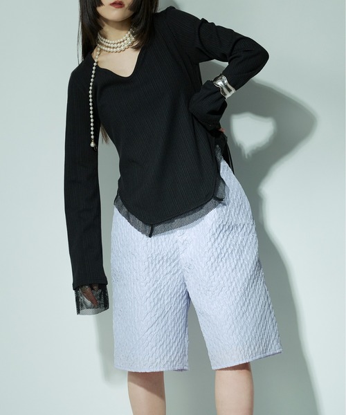 Ezick（エジック）の「Hemline cut メッシュリブトップス（Tシャツ/カットソー・レディース・ブラック/ホワイト・FREE）」の6枚目の写真