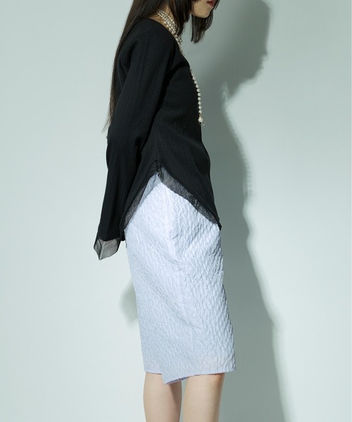 Ezick（エジック）の「Hemline cut メッシュリブトップス（Tシャツ/カットソー・レディース・ブラック/ホワイト・FREE）」の10枚目の写真