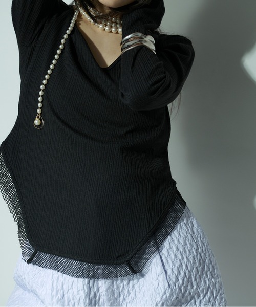 Ezick（エジック）の「Hemline cut メッシュリブトップス（Tシャツ/カットソー・レディース・ブラック/ホワイト・FREE）」の16枚目の写真