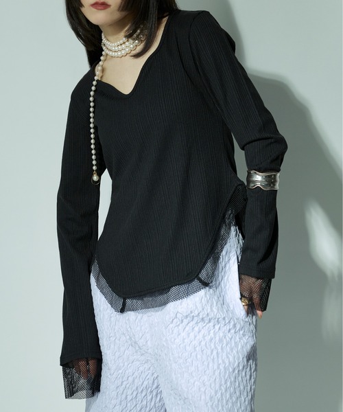 Ezick（エジック）の「Hemline cut メッシュリブトップス（Tシャツ/カットソー・レディース・ブラック/ホワイト・FREE）」の13枚目の写真