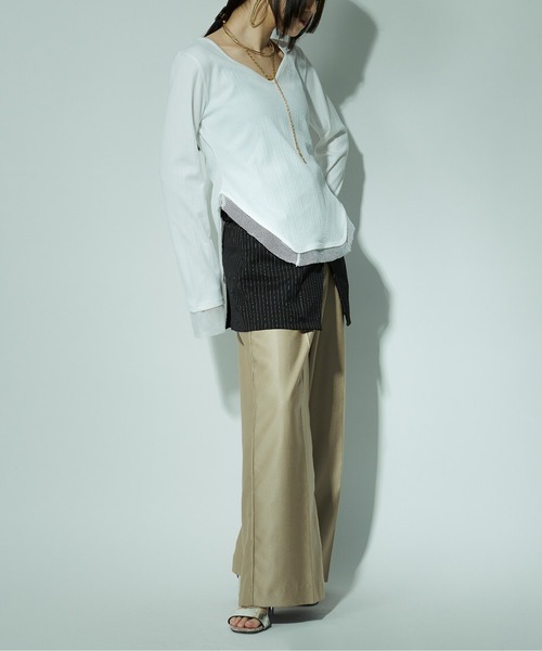 Ezick（エジック）の「Hemline cut メッシュリブトップス（Tシャツ/カットソー・レディース・ブラック/ホワイト・FREE）」の21枚目の写真