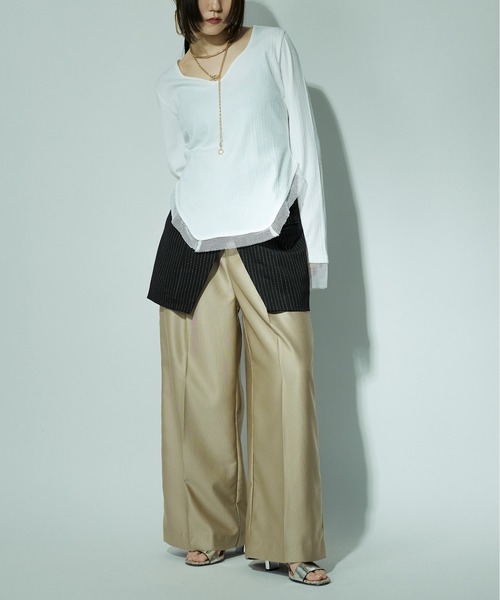 Ezick（エジック）の「Hemline cut メッシュリブトップス（Tシャツ/カットソー・レディース・ブラック/ホワイト・FREE）」の20枚目の写真