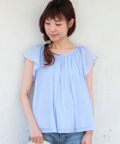 Another Edition（アナザーエディション）の「ヨウリョウラッフルショートスリーブ/AEFC Ｃヨウリュウ　RUFFLE SSL◆（シャツ/ブラウス・レディース・オフホワイト/オレンジ/ライトブルー・フリー）」の2枚目の写真