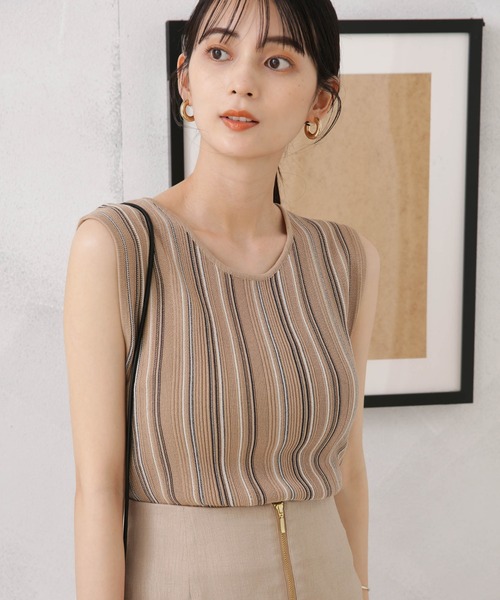 NANO universe（ナノユニバース）の「LB.04/マルチストライプタンクトップニット（タンクトップ・レディース・グリーン/ダークグレー/ベージュ・FREE）」の2枚目の写真