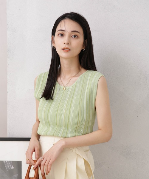 NANO universe（ナノユニバース）の「LB.04/マルチストライプタンクトップニット（タンクトップ・レディース・グリーン/ダークグレー/ベージュ・FREE）」の3枚目の写真