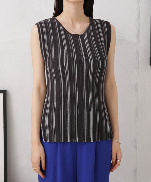 NANO universe（ナノユニバース）の「LB.04/マルチストライプタンクトップニット（タンクトップ・レディース・グリーン/ダークグレー/ベージュ・FREE）」の6枚目の写真