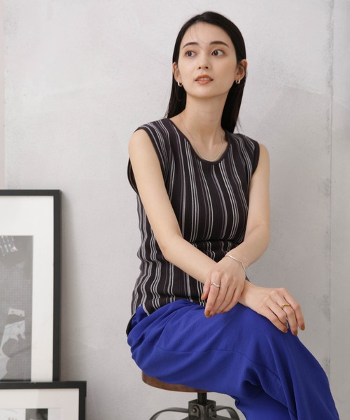 NANO universe（ナノユニバース）の「LB.04/マルチストライプタンクトップニット（タンクトップ・レディース・グリーン/ダークグレー/ベージュ・FREE）」の5枚目の写真