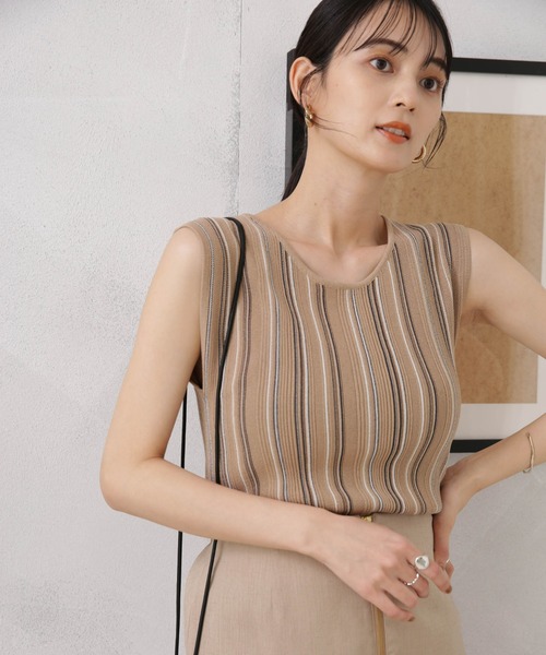 NANO universe（ナノユニバース）の「LB.04/マルチストライプタンクトップニット（タンクトップ・レディース・グリーン/ダークグレー/ベージュ・FREE）」の14枚目の写真