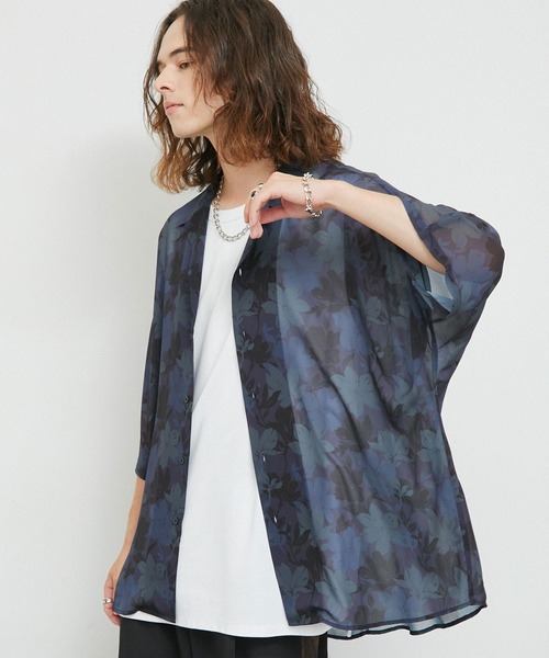 JUNRED（ジュンレッド）の「シアーフラワープリントドルマンシャツ（シャツ/ブラウス・メンズ・チャコールグレー/ネイビー/パープル・L/M/S）」の3枚目の写真