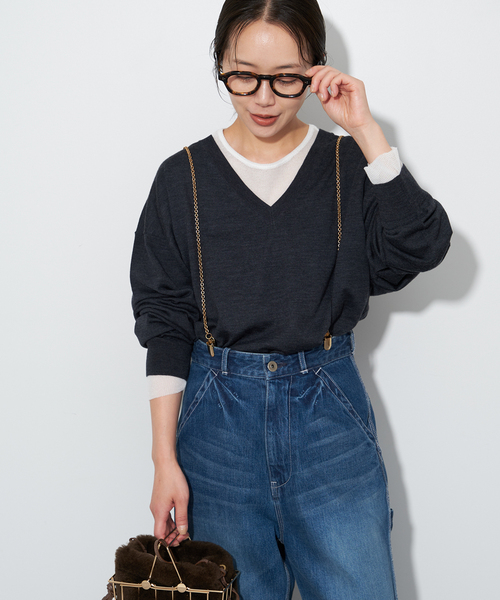 plage プラージュ ふわふわニット マスタード Vネック ゆったりセーター セール】Fine Gauge Vネックニット（ニット/セーター）｜Plage