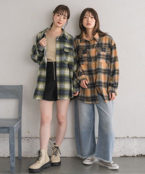 RETRO GIRL(レトロガール)の「起毛FウールチェックSH(シャツ/ブラウス・レディース・グリーン/ブラック/ベージュ・FREE)」の7枚目の写真