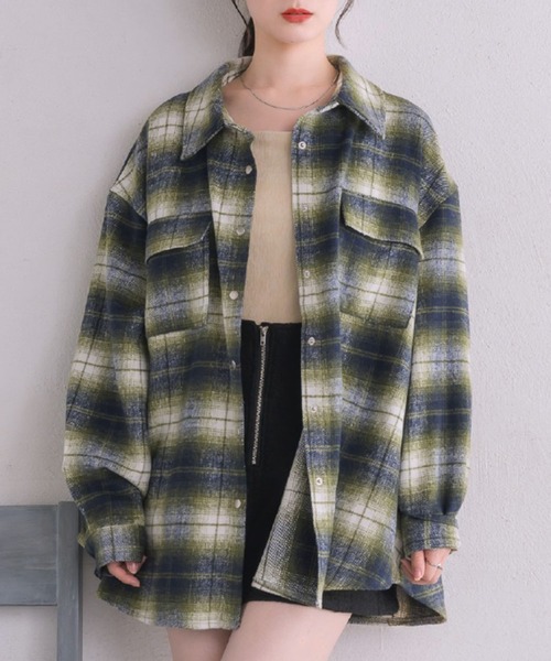 RETRO GIRL(レトロガール)の「起毛FウールチェックSH(シャツ/ブラウス・レディース・グリーン/ブラック/ベージュ・FREE)」の1枚目の写真