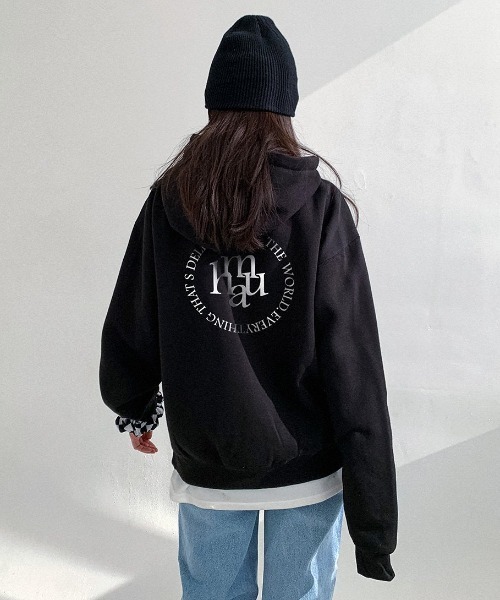 muahmuah(ムーアムーア)の「A'GEM/9 × .kom『muah muah/ムーアムーア』MUAH CIRCLE LOGO OVERFIT HOODIE/サークルロゴオーバーフィットフーディーパーカー(パーカー・レディース・アイボリー/ブラック/ライトブルー/グレー・FREE)」の7枚目の写真
