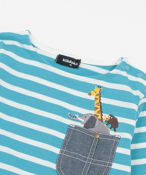 kladskap（クレードスコープ）の「ポケットからアニマルボーダー長袖Ｔシャツ（Tシャツ/カットソー・キッズ・ターコイズブルー/オフホワイト・130cm/120cm/110cm/100cm/90cm/80ｃｍ）」の9枚目の写真