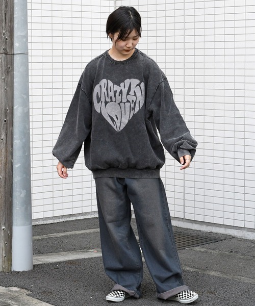 硫化染め プリント プルオーバー/ピグメント プリント トレーナー