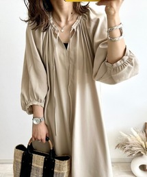 nissen（ニッセン）の「リネンライクラグラン袖スキッパーギャザーワンピース （選べる着丈）（ワンピース）」