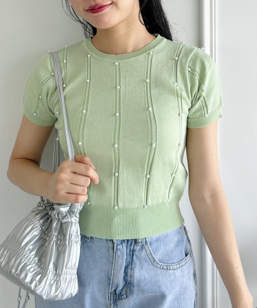 Loueme（ルエム）の「メニーパールニットトップス（ニット/セーター・レディース・ピンク/ブラック/アイボリー/イエロー/ライトグリーン・FREE）」の5枚目の写真