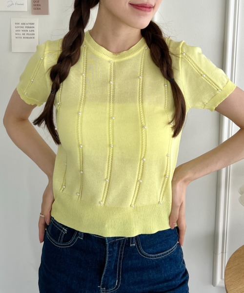 Loueme（ルエム）の「メニーパールニットトップス（ニット/セーター・レディース・ピンク/ブラック/アイボリー/イエロー/ライトグリーン・FREE）」の8枚目の写真