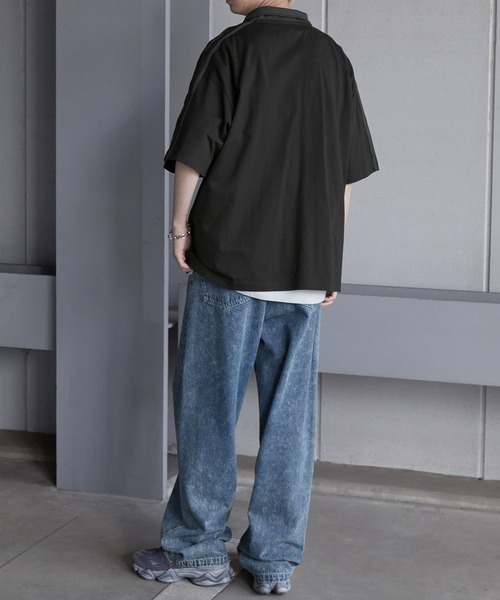 メンズ ジップップTシャツ ライン ハーフジップ 半袖 a1307 セール】オーバーサイズ サイドライン ハーフジップ半袖Tシャツ