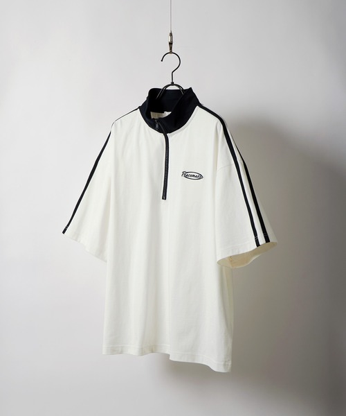 Lサイズ相当 D&G ハーフジップ 半袖 Tシャツ カットソー ロゴプレート セール】オーバーサイズ サイドライン ハーフジップ半袖Tシャツ