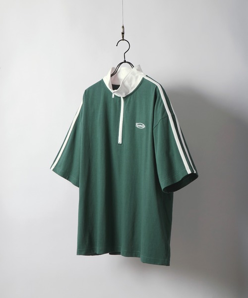 セール】オーバーサイズ サイドライン ハーフジップ半袖Tシャツ