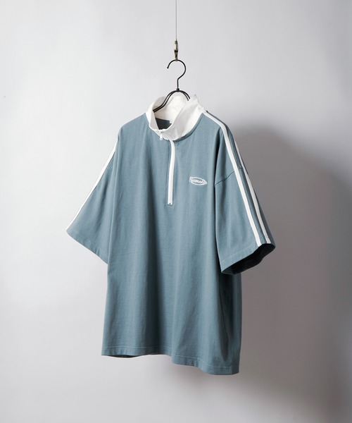 セール】オーバーサイズ サイドライン ハーフジップ半袖Tシャツ