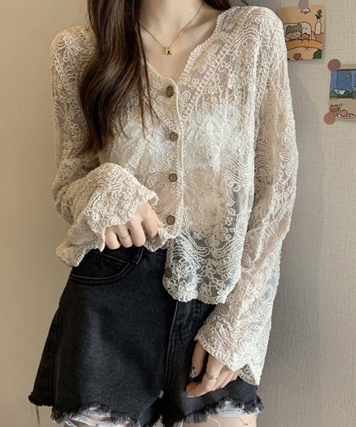 Miniministore(ミニミニストア)の「レースブラウス カーディガン Vネック(カーディガン/ボレロ・レディース・ベージュ/ホワイト・FREE)」の7枚目の写真