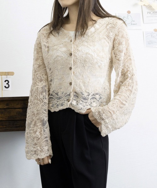 Miniministore(ミニミニストア)の「レースブラウス カーディガン Vネック(カーディガン/ボレロ・レディース・ベージュ/ホワイト・FREE)」の8枚目の写真