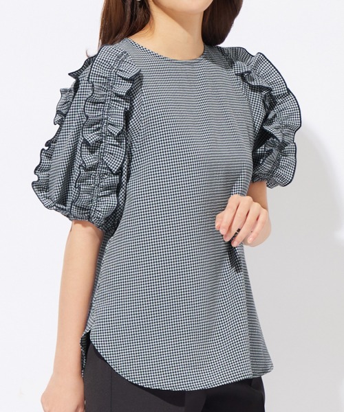 alotta(アロッタ)の「ギンガムチェック袖フリルブラウス(シャツ/ブラウス・レディース・ネイビー・X-LARGE/LARGE/MEDIUM)」の1枚目の写真