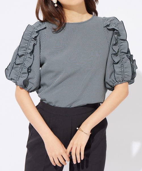 alotta(アロッタ)の「ギンガムチェック袖フリルブラウス(シャツ/ブラウス・レディース・ネイビー・X-LARGE/LARGE/MEDIUM)」の8枚目の写真