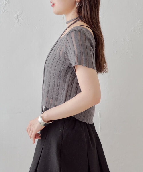 チョココロネ　Cニット グレー セール】 ストレッチコットン鹿の子編み ハイネックフレンチ