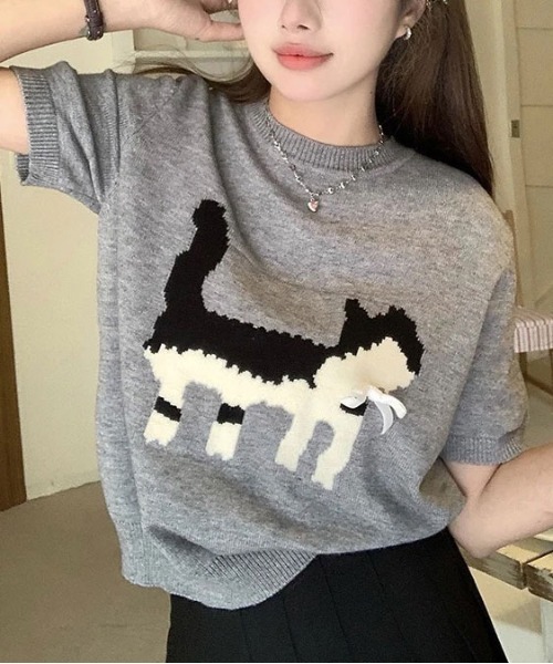 ammy.(エイミードット)の「【 ammy. / エイミードット 】 キャット シルエット 薄手 半袖 サマーニット(ニット/セーター・レディース・アイボリー/ブラック/グレー・FREE)」の11枚目の写真