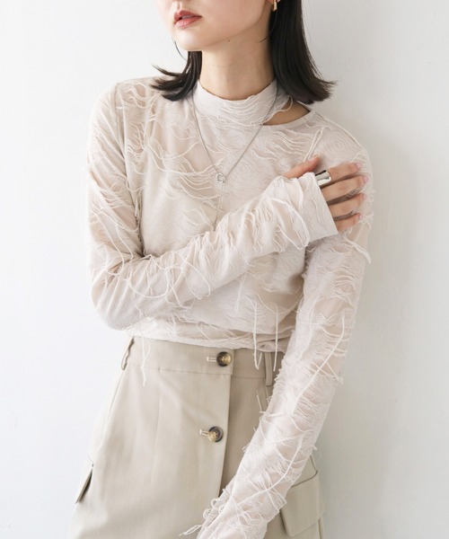 CLEIO(クレイオ)の「【CLEIO】花ジャガードシースルートップス(Tシャツ/カットソー・レディース・アイボリー・FREE)」の6枚目の写真