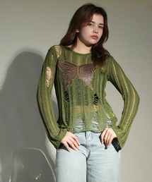 HOOK（フック）の「【HOOK】for girls　バタフライパッチ刺繍ダメージ透かしトップス (SS)（Tシャツ/カットソー）」