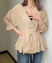 《ウエストマーク×フレア袖》レディース Vネックブラウス 体型カバー 春夏秋