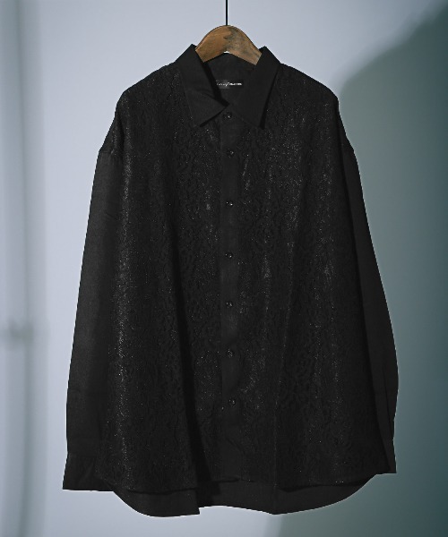 LUXSTYLE(ラグスタイル)の「レース貼り付けビッグシルエット長袖シャツ(シャツ/ブラウス・メンズ・ホワイト/ブラック・FREE)」の2枚目の写真